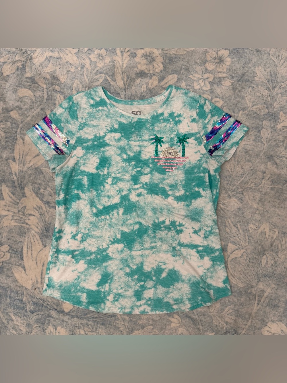 SO Kids Tie-Dye Palm Tree Tee Sequin Sleeve Stripes size XXL sequin change shown